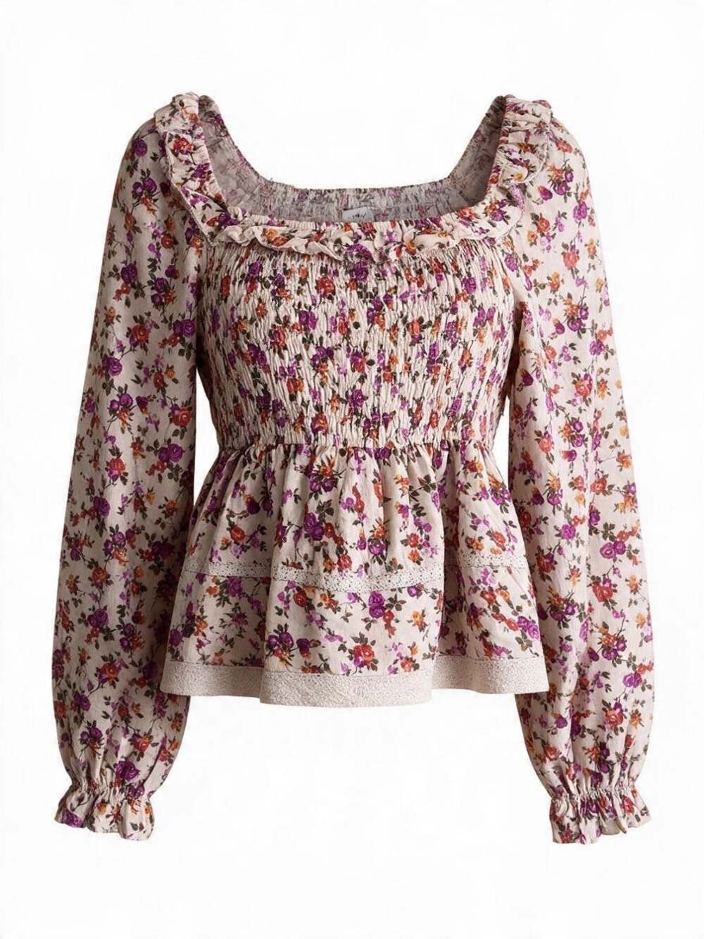 NWT Love, Fire Tan/Beige Floral Smocked Peplum Top – Size Medium